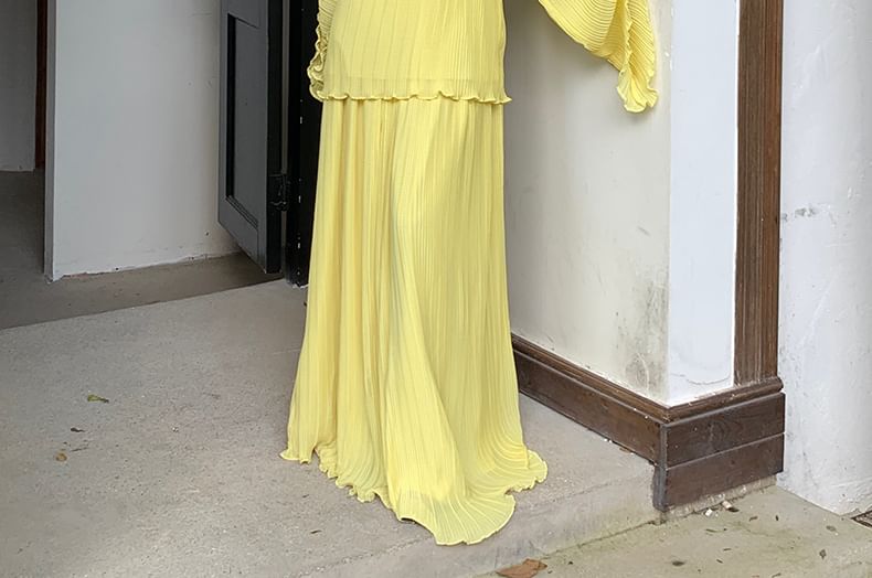 Off-Shoulder Flared-Cuff Solid Blouse and High-Waist Maxi Skirt