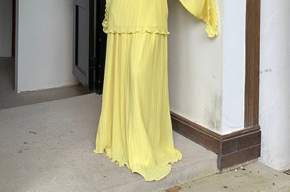 Off-Shoulder Flared-Cuff Solid Blouse and High-Waist Maxi Skirt