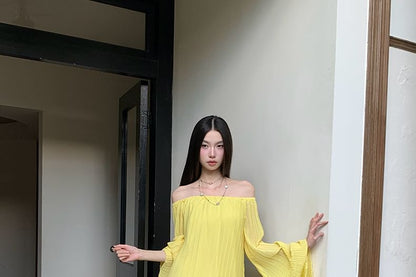 Off-Shoulder Flared-Cuff Solid Blouse and High-Waist Maxi Skirt