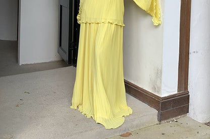 Off-Shoulder Flared-Cuff Solid Blouse and High-Waist Maxi Skirt