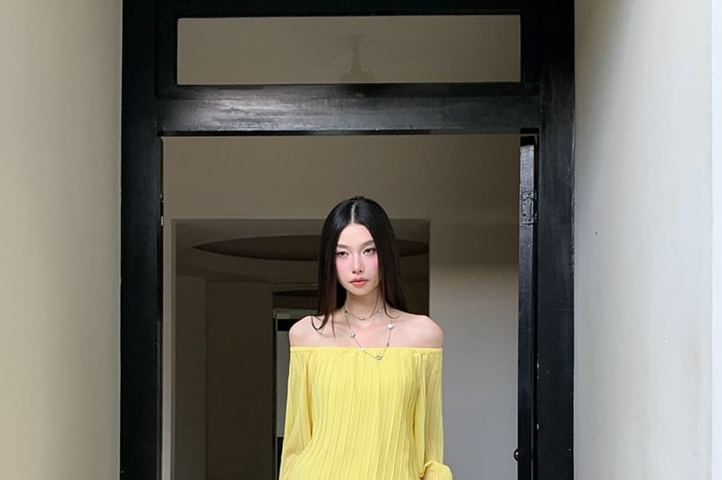 Off-Shoulder Flared-Cuff Solid Blouse and High-Waist Maxi Skirt