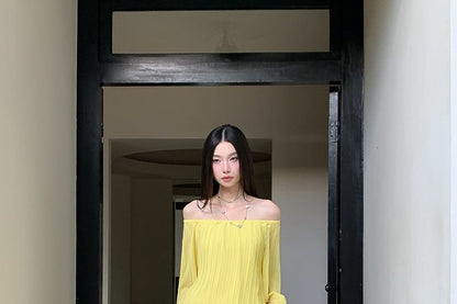 Off-Shoulder Flared-Cuff Solid Blouse and High-Waist Maxi Skirt