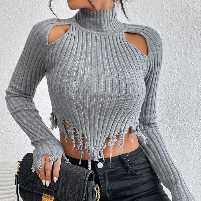 Turtleneck Distressed Solid Cropped Long-Sleeve Knit Top