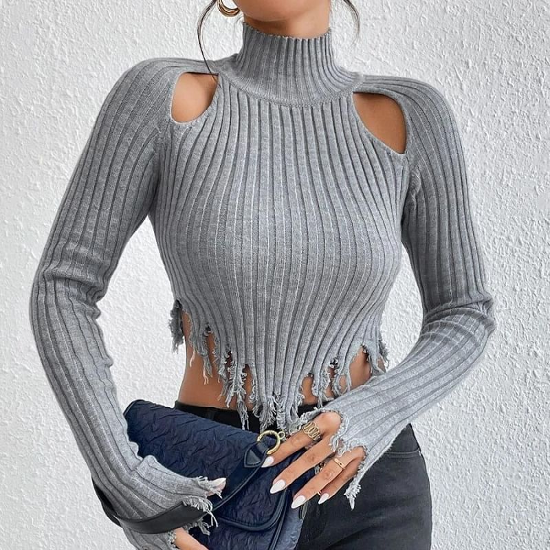 Turtleneck Distressed Solid Cropped Long-Sleeve Knit Top