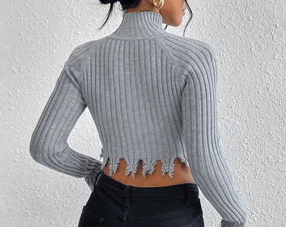 Turtleneck Distressed Solid Cropped Long-Sleeve Knit Top