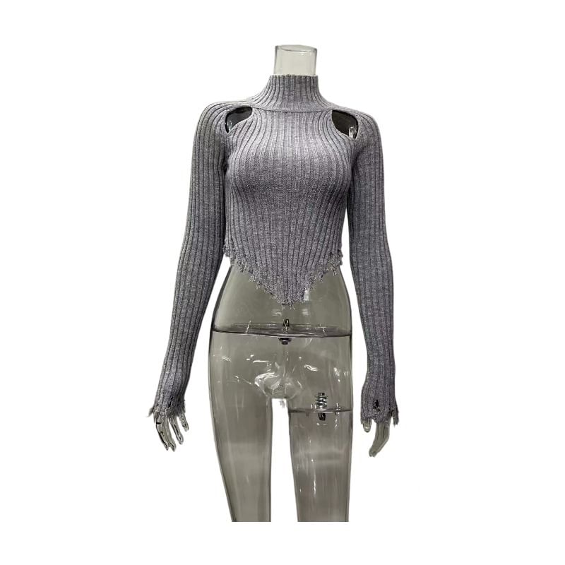 Turtleneck Distressed Solid Cropped Long-Sleeve Knit Top