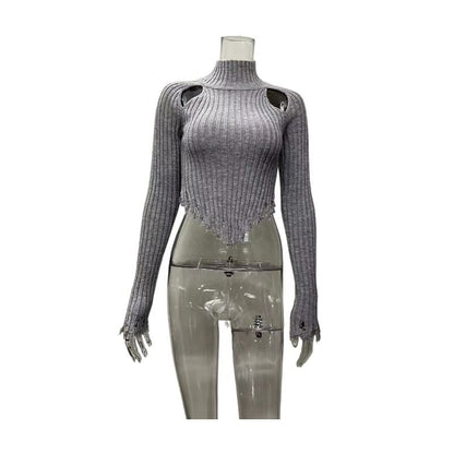 Turtleneck Distressed Solid Cropped Long-Sleeve Knit Top