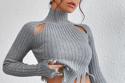 Turtleneck Distressed Solid Cropped Long-Sleeve Knit Top