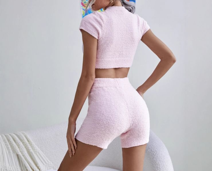 Short-Sleeve Knit Top and High-Waist Hot Pants Set