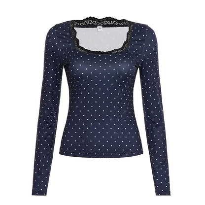 Dotted Slim-Fit Tee with Lace Trim and Scoop Neck