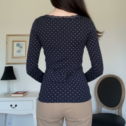 Dotted Slim-Fit Tee with Lace Trim and Scoop Neck