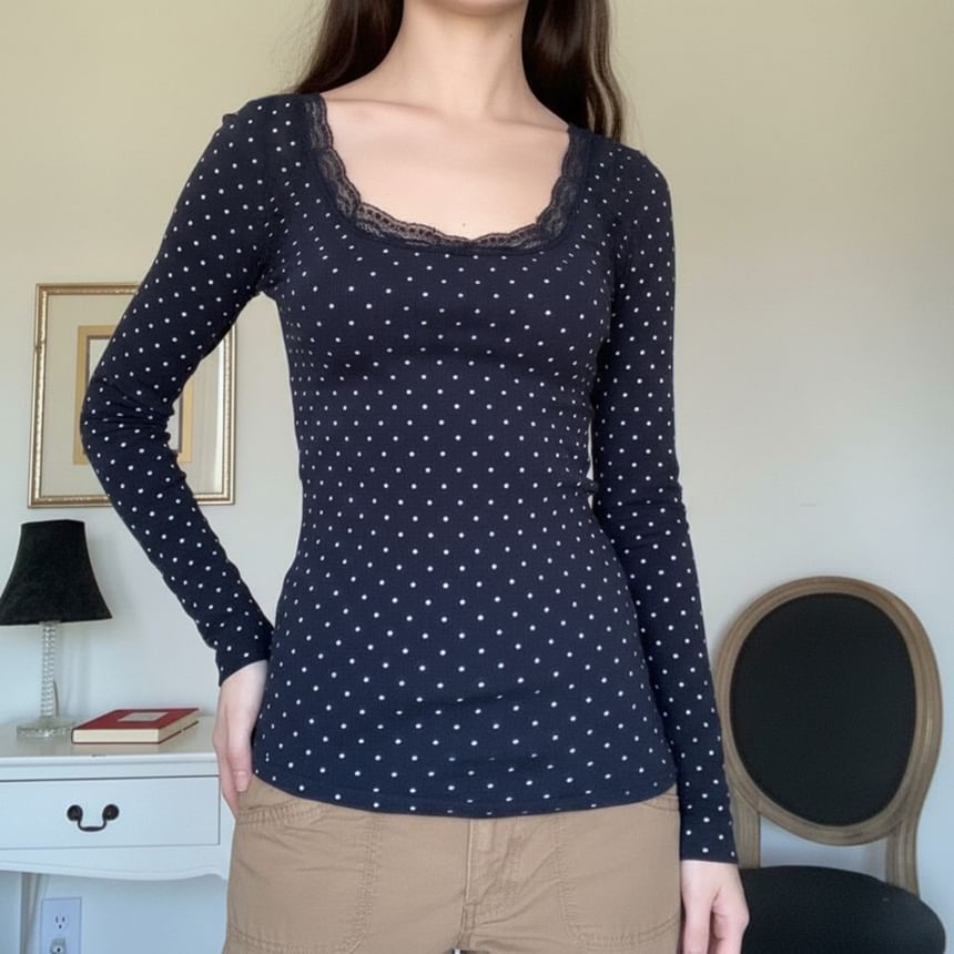 Dotted Slim-Fit Tee with Lace Trim and Scoop Neck