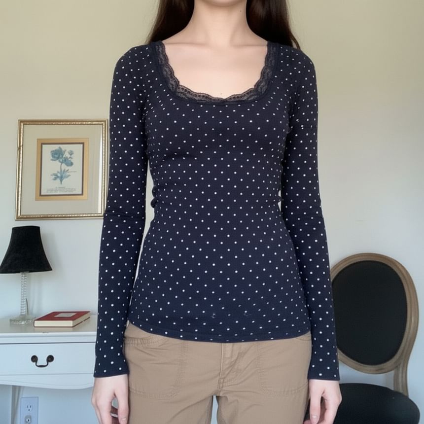 Dotted Slim-Fit Tee with Lace Trim and Scoop Neck