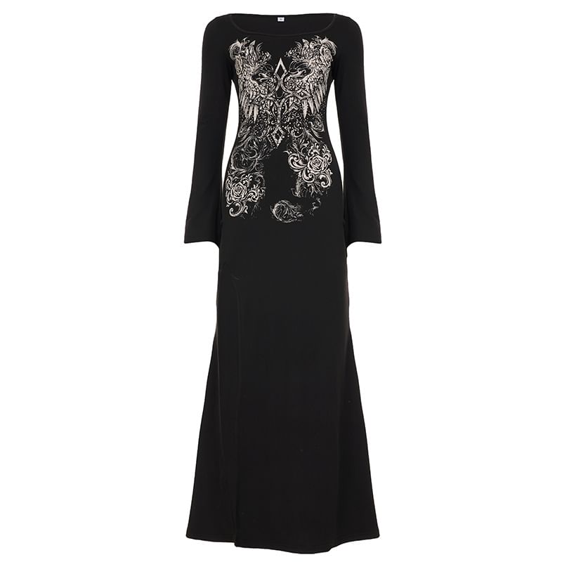 Long Sleeve Crew Neck Graphic Print Slit Maxi Dress