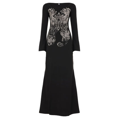 Long Sleeve Crew Neck Graphic Print Slit Maxi Dress