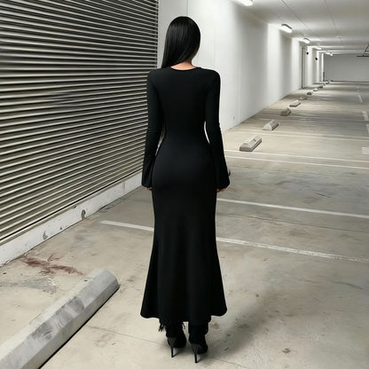 Long Sleeve Crew Neck Graphic Print Slit Maxi Dress