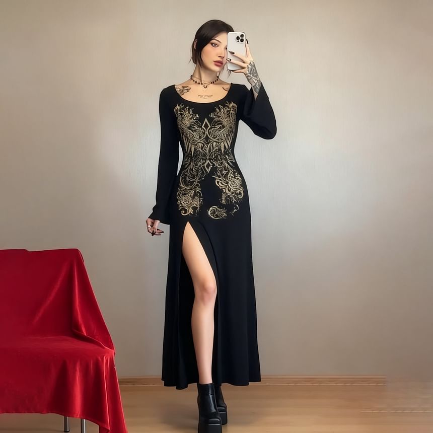 Long Sleeve Crew Neck Graphic Print Slit Maxi Dress