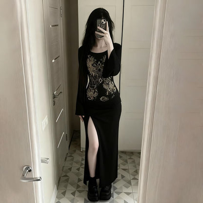 Long Sleeve Crew Neck Graphic Print Slit Maxi Dress