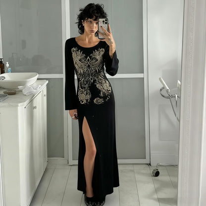 Long Sleeve Crew Neck Graphic Print Slit Maxi Dress
