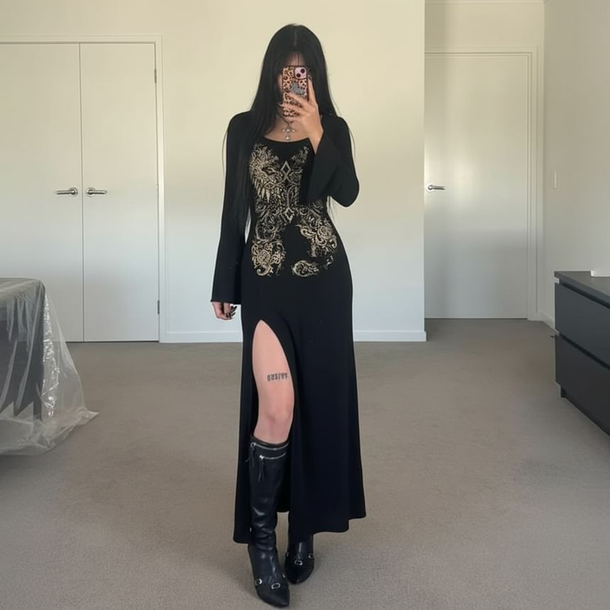 Long Sleeve Crew Neck Graphic Print Slit Maxi Dress