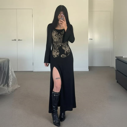 Long Sleeve Crew Neck Graphic Print Slit Maxi Dress