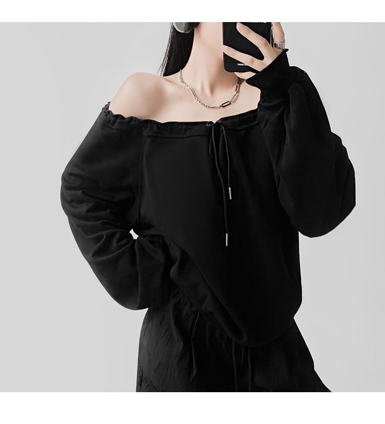 Off-Shoulder Pullover with Drawstring Detail