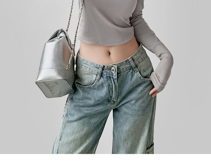 Slim-Fit Studded Cold-Shoulder Crop Tee with Mock Two-Piece Long-Sleeve Design
