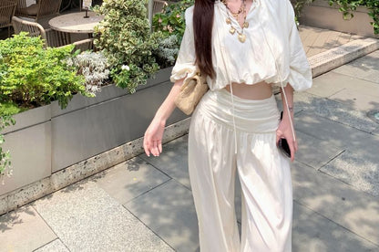 Cropped Blouse with Long Sleeves and V-Neck, Paired with High-Rise Wide-Leg Pants