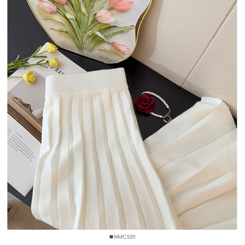 Ribbed Knit Maxi A-Line Skirt with High Waist