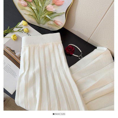 Ribbed Knit Maxi A-Line Skirt with High Waist