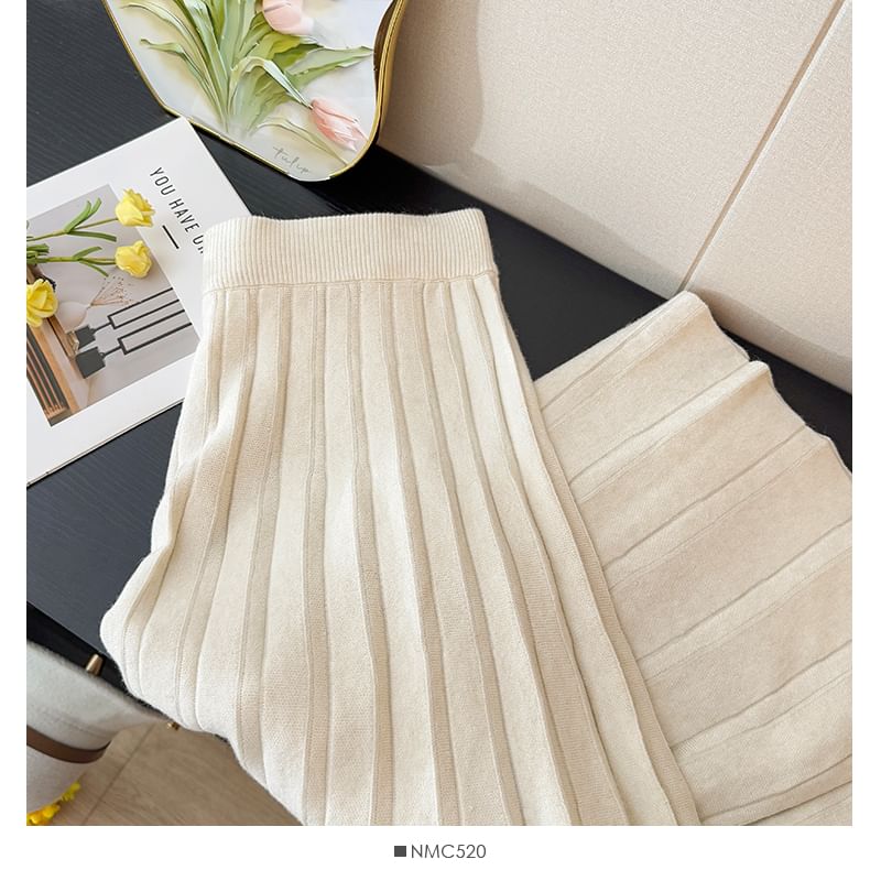 Ribbed Knit Maxi A-Line Skirt with High Waist