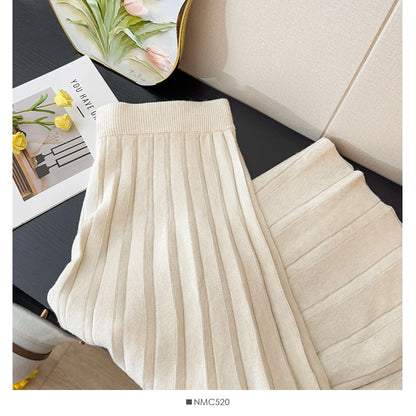 Ribbed Knit Maxi A-Line Skirt with High Waist