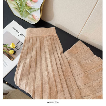 Ribbed Knit Maxi A-Line Skirt with High Waist