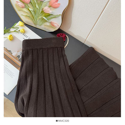 Ribbed Knit Maxi A-Line Skirt with High Waist