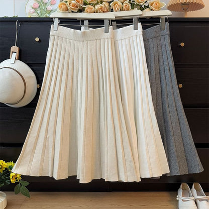 Ribbed Knit Maxi A-Line Skirt with High Waist