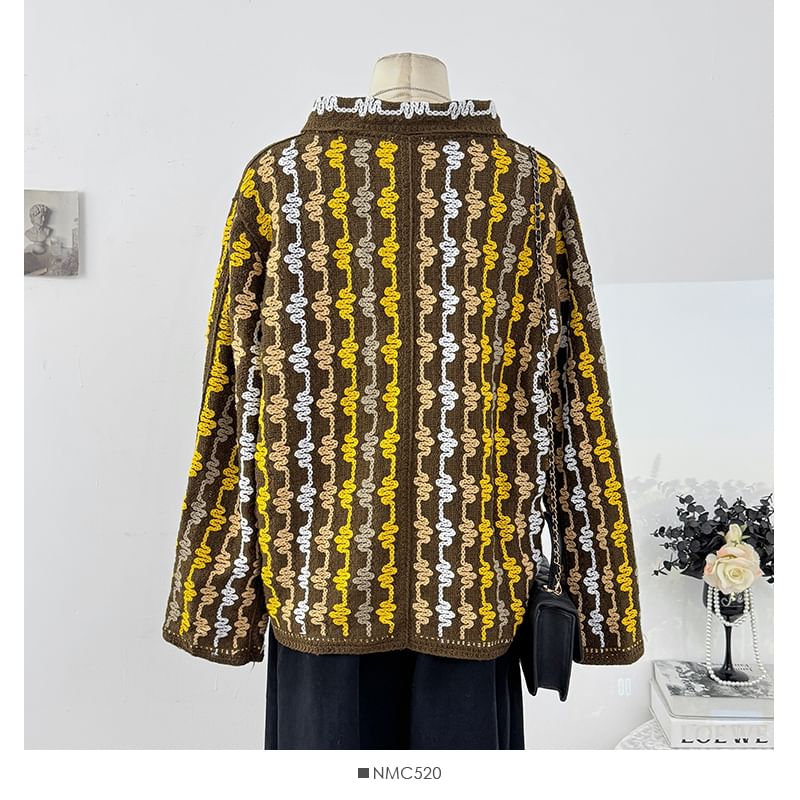 Long Sleeve V-Neck Crochet Knit Loose-Fit Cardigan