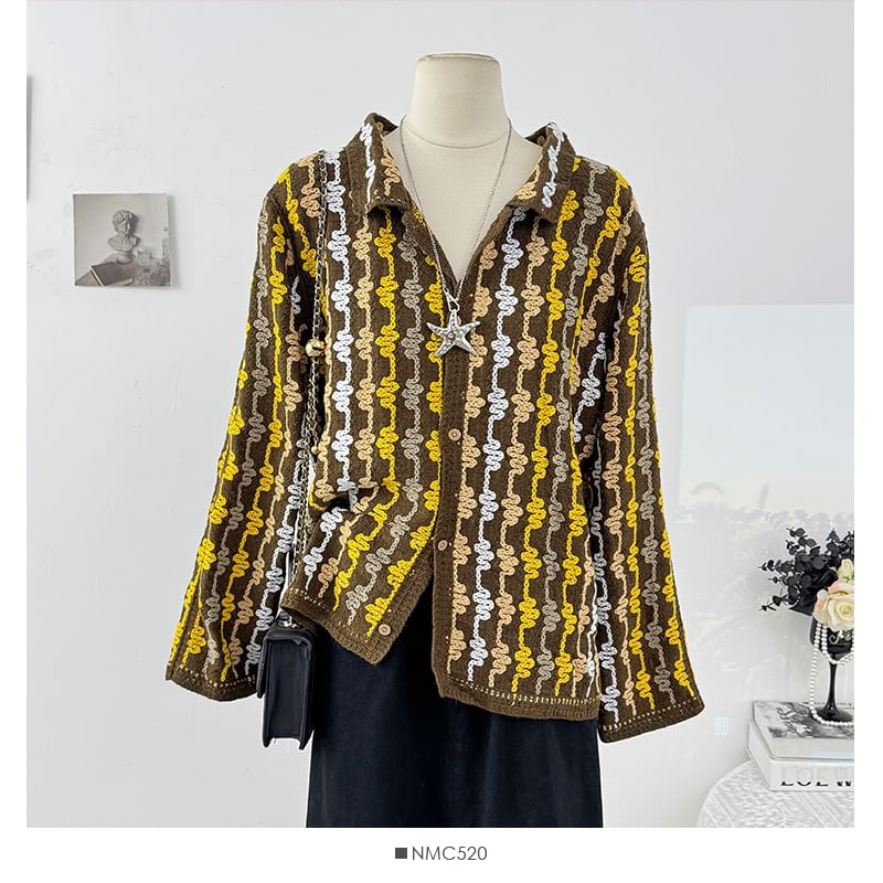 Long Sleeve V-Neck Crochet Knit Loose-Fit Cardigan