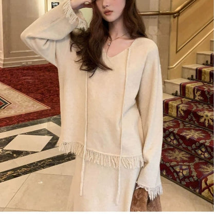 V-Neck Fringed Knit Top & High Rise Slit Midi Skirt Set
