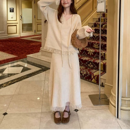 V-Neck Fringed Knit Top & High Rise Slit Midi Skirt Set