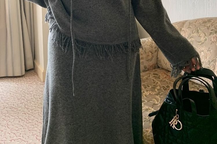 V-Neck Fringed Knit Top & High Rise Slit Midi Skirt Set