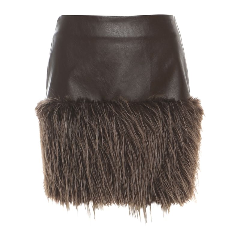 Faux Leather Furry Trim Mini Pencil Skirt