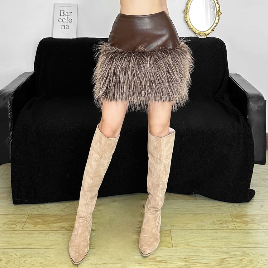 Faux Leather Furry Trim Mini Pencil Skirt