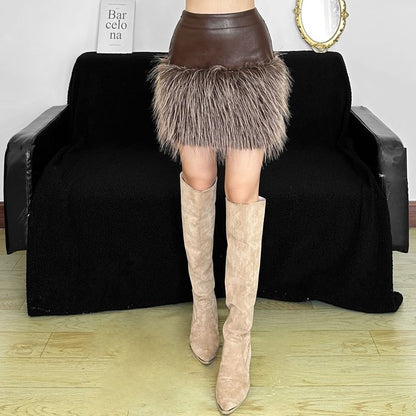 Faux Leather Furry Trim Mini Pencil Skirt
