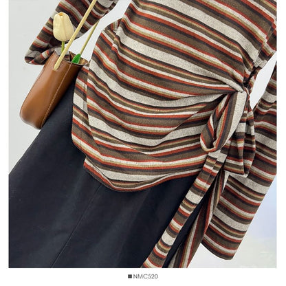 Striped Off-Shoulder Tie-Waist Fitted Tee