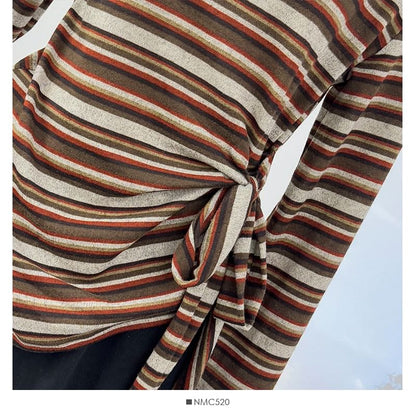 Striped Off-Shoulder Tie-Waist Fitted Tee