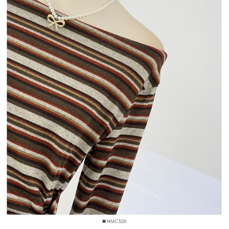 Striped Off-Shoulder Tie-Waist Fitted Tee