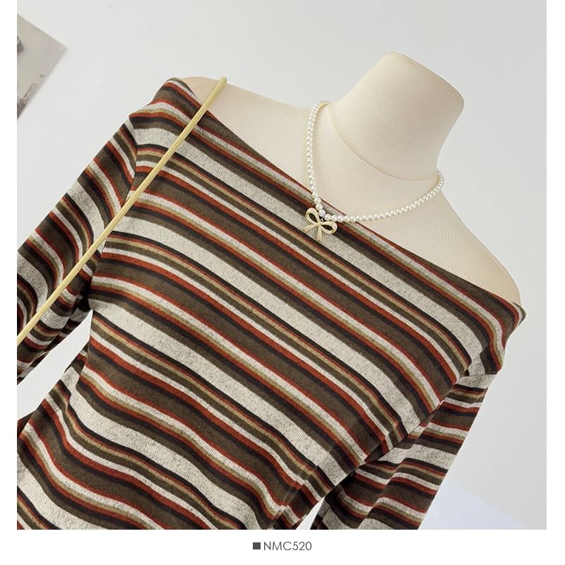 Striped Off-Shoulder Tie-Waist Fitted Tee