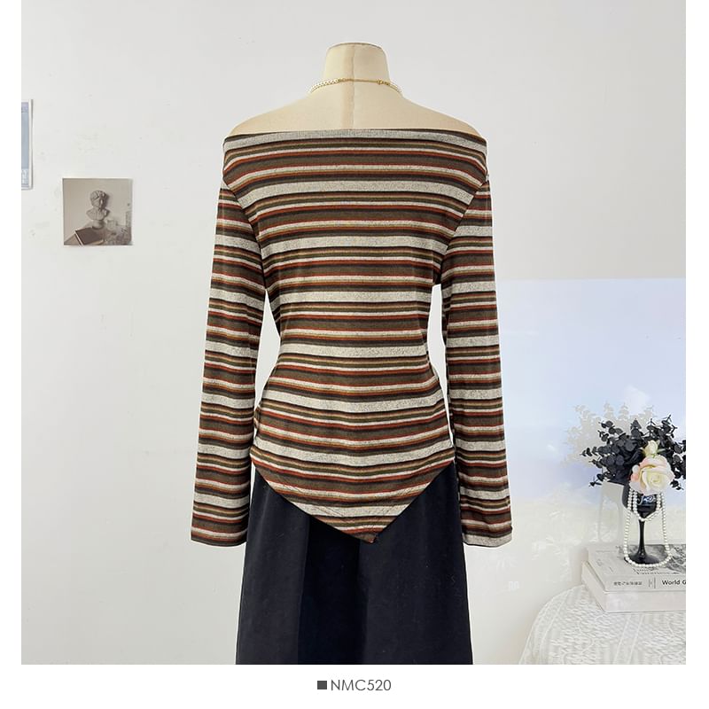 Striped Off-Shoulder Tie-Waist Fitted Tee