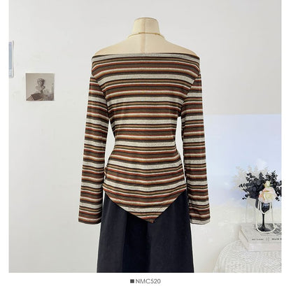 Striped Off-Shoulder Tie-Waist Fitted Tee
