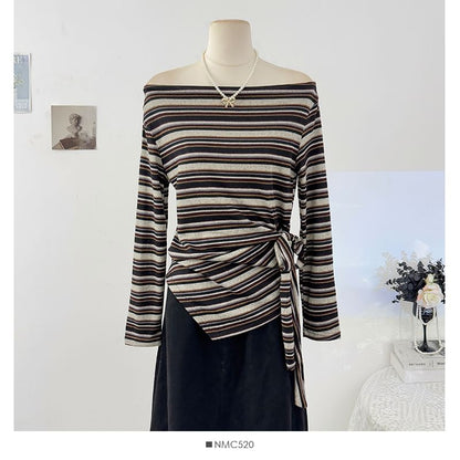 Striped Off-Shoulder Tie-Waist Fitted Tee